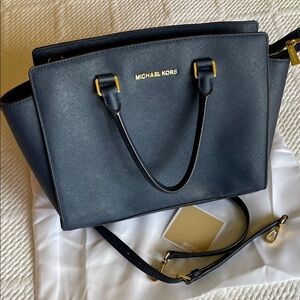 Michael Kors Navy Satchel with Gold Accents